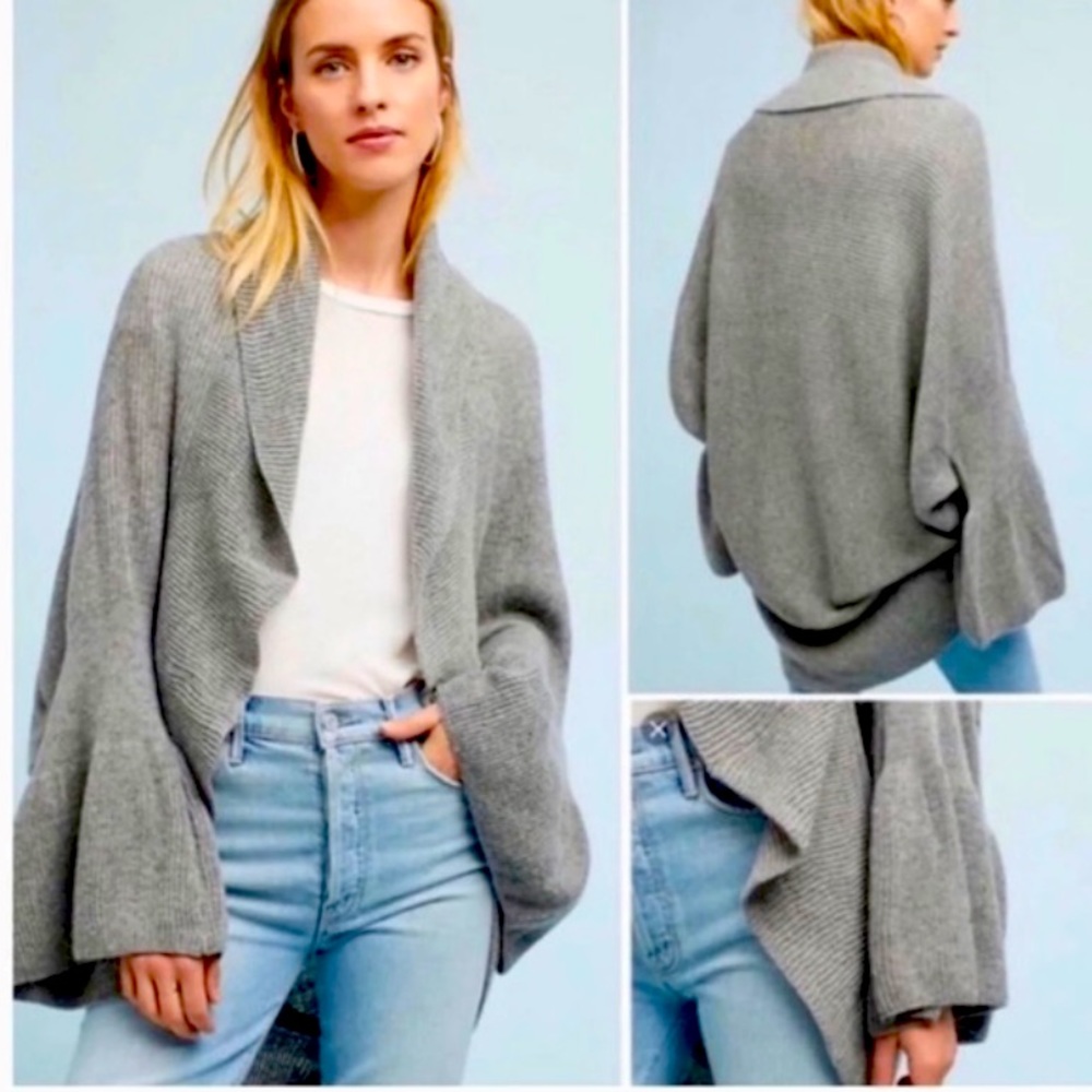 Sleeping on Snow Anthropologie Gray Open Ruffle Front Cardigan Wrap Sweater  OS